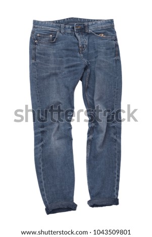Casual jeans pants isolated on white background. Dark blue male denim, cutout