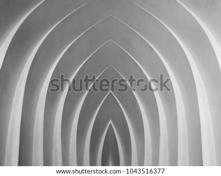 Curvilinear arch / niche / sitting places in black and white. Digitally reworked close-up photo of architectural fragment with stair-step structure. Abstract modern architecture / interior image