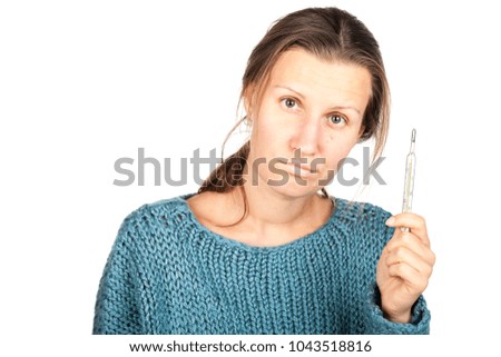 Ill person with symptoms of virus flu, headache, temperature and cough holds a thermometer and medicine pills. Healthcare medical and pharmaceutical concept. Isolated on a abstract white background