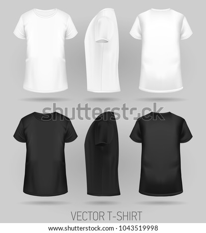 T-shirt template in three dimentions: front, side and back view, realistic gradient mesh vetor. black and white colors.