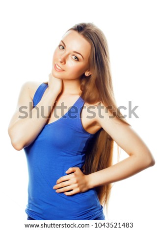 young blond woman on white backgroung smiling gesture thumbs up,