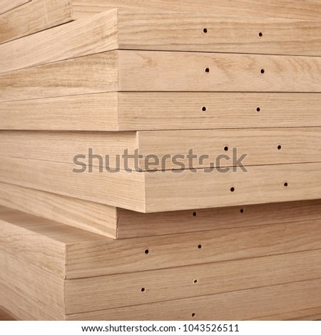 Closeup photo of wooden details for door industrial factory