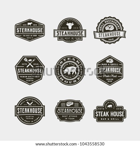 set of vintage steak house logos. retro styled grill restaurant emblems, badges, design elements, logotype templates. vector illustration Royalty-Free Stock Photo #1043558530