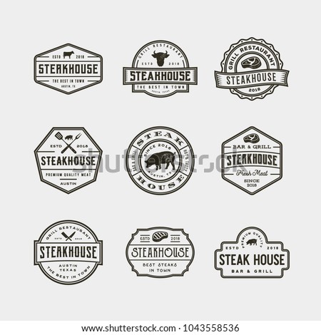 set of vintage steak house logos. retro styled grill restaurant emblems, badges, design elements, logotype templates. vector illustration Royalty-Free Stock Photo #1043558536