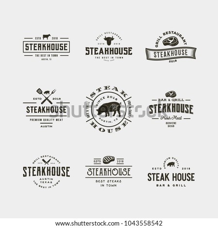 set of vintage steak house logos. retro styled grill restaurant emblems, badges, design elements, logotype templates. vector illustration Royalty-Free Stock Photo #1043558542