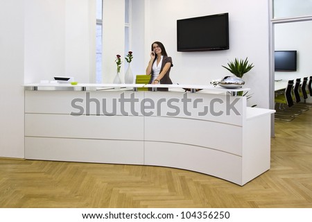 Front desk lady doing her job very well and cheerfully. The black space on the TV-sreen could be used for any logos, some label signs or any graphic additions.