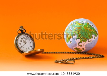 vintage pocket watch with chain and handmade globe 