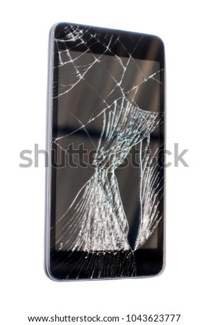 Mobile smartphone with broken screen isolated on white background with