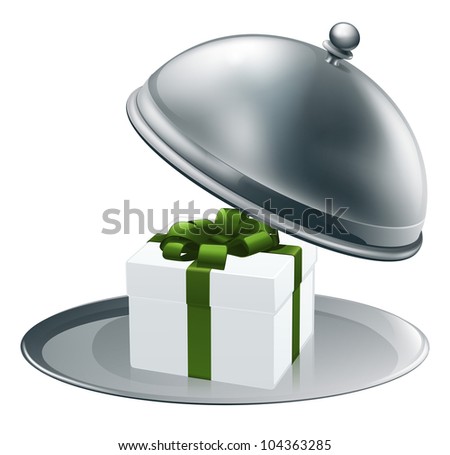 Illustration of a luxury gift on a silver platter tied with green ribbon and bow