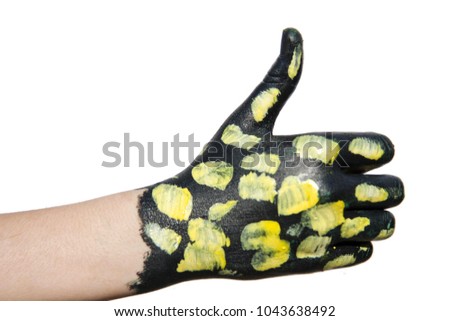visual index, gesture, hand, brush, female, girl, fingers, sign, paint, movement, European, communication, symbol, sign language, graphic design, communicative gestures, nonverbal communication, expre