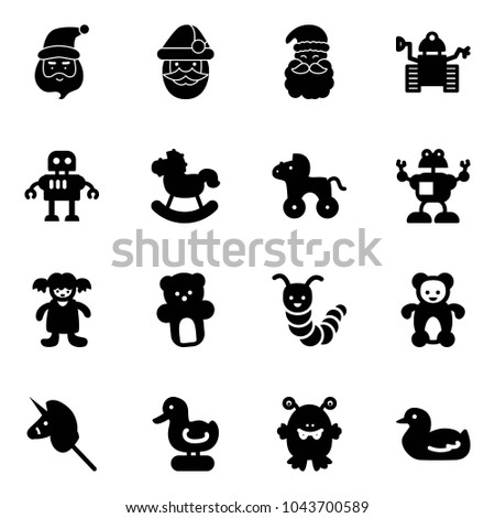 Solid vector icon set - santa claus vector, robot, rocking horse, wheel, doll, bear toy, caterpillar, unicorn stick, duck, monster