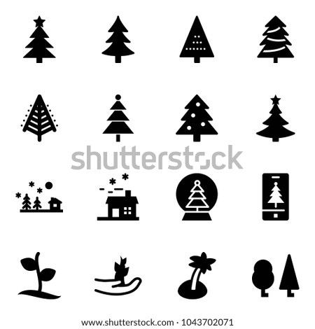 Solid vector icon set - christmas tree vector, landscape, house, snowball, mobile, sproute, hand, palm, forest