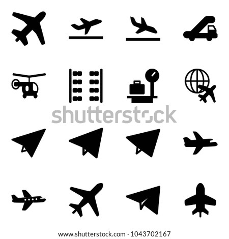 Solid vector icon set - plane vector, departure, arrival, trap truck, helicopter, seats, baggage scales, globe, paper, fly, toy