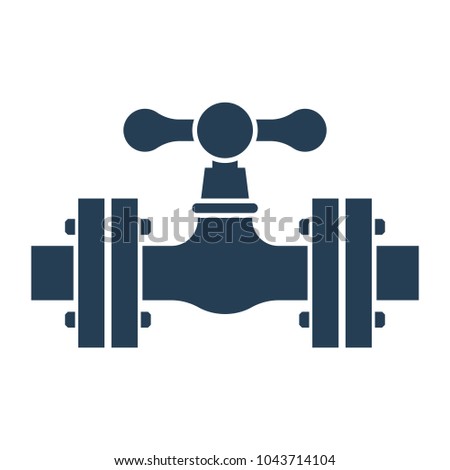 Valve on pipe black silhouette. Can be used as water, gasoline, oil, gas pipeline. Vector illustration flat design. Industry system isolated on white background. Pictogram wheel to open closing flow.