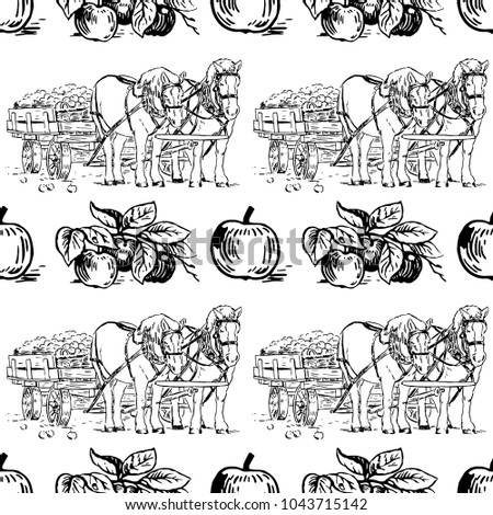 Vector seamless pattern with apples on a branch and horse cart. Perfect for surface textures, textile, pattern fills and more creative designs. Digital illustration in black and white.