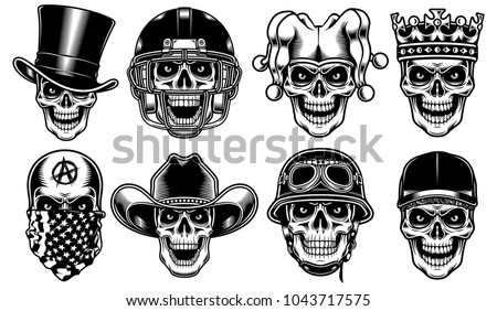 Set of Skull Characters Isolated on White Background
