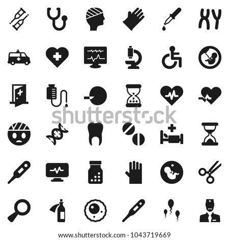 Flat vector icon set - rubber glove vector, heart cross, disabled, pulse, thermometer, dna, magnifier, pregnancy, insemination, dropper, crutches, scissors, sand clock, stethoscope, pills, bottle