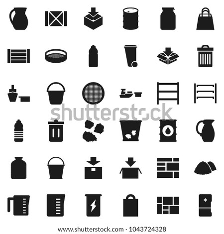 Flat vector icon set - bucket vector, trash bin, garbage pile, measuring cup, jug, sieve, jar, enegry drink, water bottle, port, wood box, consolidated cargo, package, oil barrel, shelving, fridge