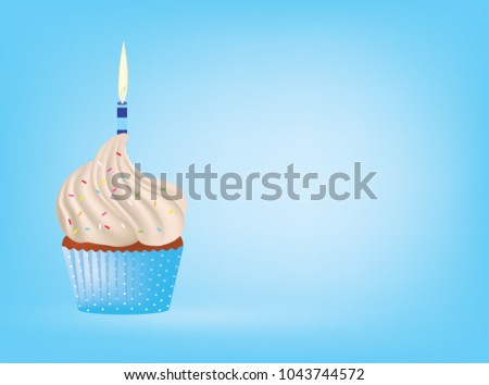 Cupcake with candle on blue background, vector