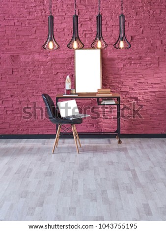claret red brick wall black decorative lamp home office working desk interior Royalty-Free Stock Photo #1043755195