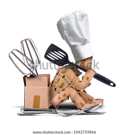 Chef box character sat thinking with chefs hat and kitchen utensils including spatula, whiskes, fork, knife and spoon. White background. Kitchen and cooking concept artwork.