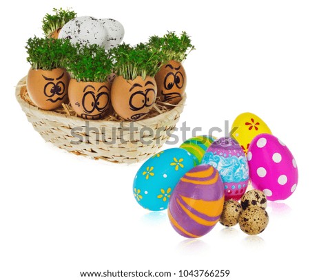 Handpainted Easter eggs in funny scared and surprised cartoonish faces in the basket with cress like hair. Handmade multicolored eggs look at the outstanding foreign individual egg.