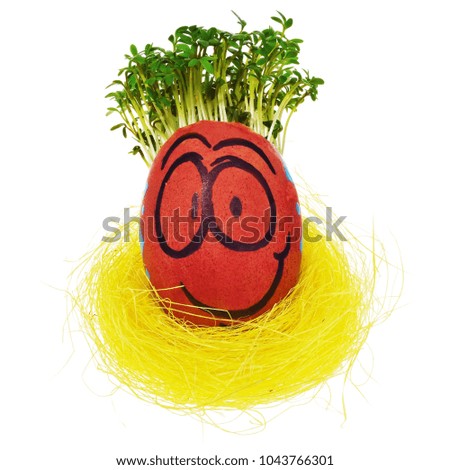 Easter egg painted in a funny smiley face and colorful patterns in a yellow bird's nest with cress like hair. The watercress stylized for the hairstyle of the character. Egg in multicolored patterns 