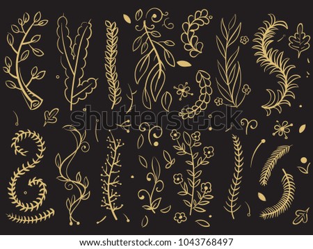 Golden trees and florals branches on black background. Tree branch of plant, floral leaf drawing. Vector illustration
