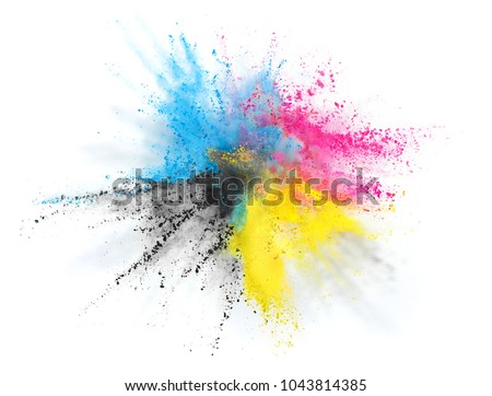 cmyk printing color powder explosion burst in cyan magenta yellow black Royalty-Free Stock Photo #1043814385