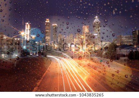 Blurred lights of city lights bokeh. City at night. Atlanta, USA