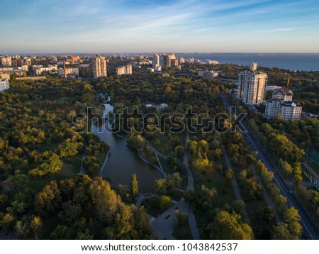 Aerial shot of Victory Park in Odessa at sunsrise. Shot looking towards the city center in Autumn