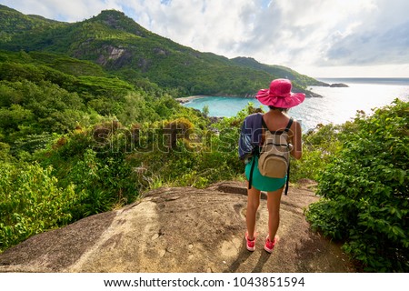 Anse major trail, hiking on nature trail of Mahe, Seychelles Royalty-Free Stock Photo #1043851594
