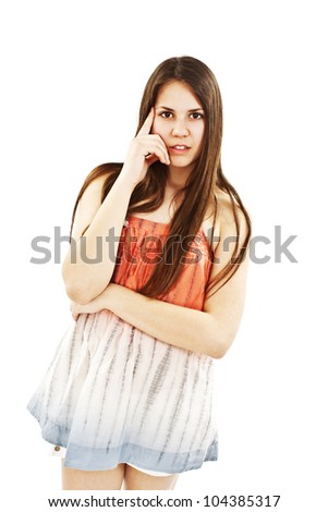 Bright closeup picture of pensive teenage girl. Isolated over white background