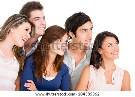 Group of people looking up - isolated over a white background