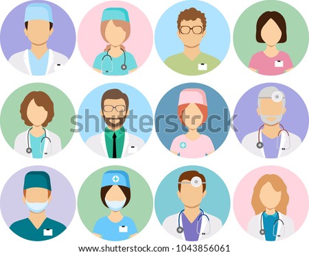 Doctors and nurses profile vector icons. Surgeon and therapist, oculist and nutritionist avatars Royalty-Free Stock Photo #1043856061