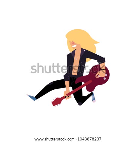 rock musician, guitar player jumping happily on stage, cartoon vector illustration isolated on white background. Full length portrait of old rock musician jumping on stage with electric guitar