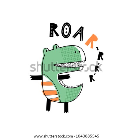 Baby print with Dino: Roar. Hand drawn graphic for typography poster, card, label, flyer, page, banner, baby wear, nursery.  Scandinavian style. Black, orange and green. Vector illustration