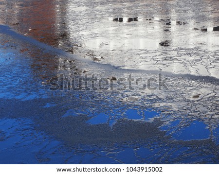 Abstract background of frozen water in canal with reflections 