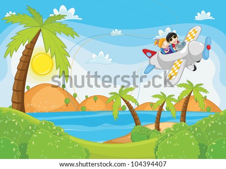 Kids flying by plane vector illustration