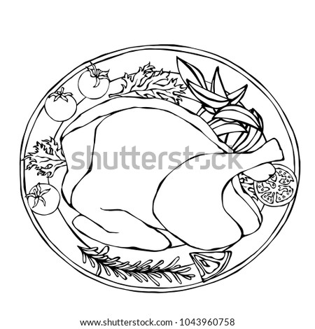 Baked Chicken or Roasted Turkey on a Plate with Potato Wedges, Tomatoes and Herbs. Ready Festive Dinner. Restaurant Menu. Hand Drawn Illustration. Savoyar Doodle Style.