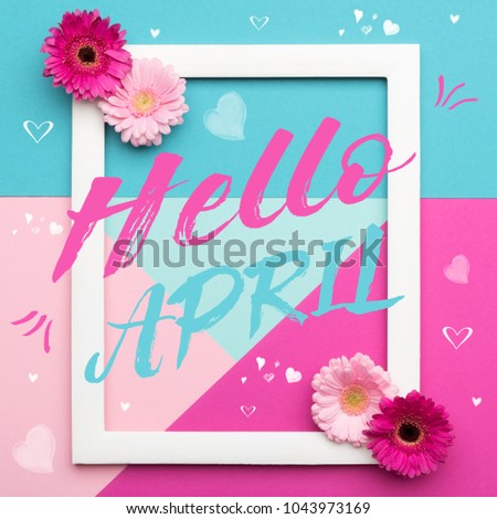 Welcome Spring Themed Pastel Coloured Background. Spring time floral flat lay minimalism greeting card.