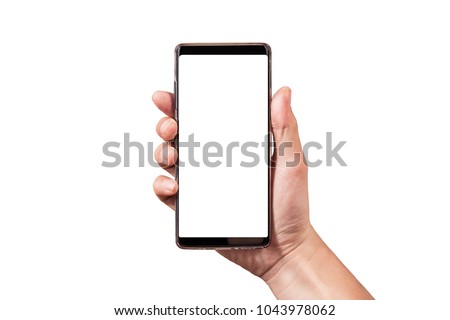 man hand holding black smartphone isolated on white backgrounds