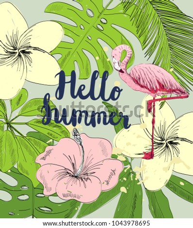 Tropical vector illustration with flamingo and flowers.