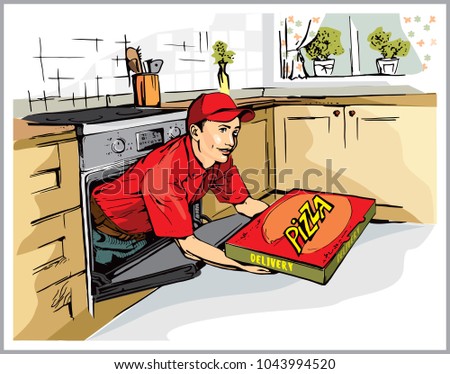 Sketch of interior of kitchen furniture and young boy delivering hot pizzas. Vector illustration.