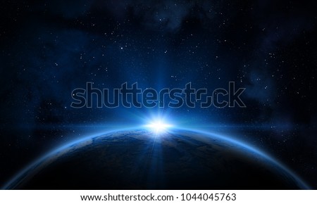 Earth, galaxy, nebula and Sun. Elements of this image furnished by NASA. Royalty-Free Stock Photo #1044045763