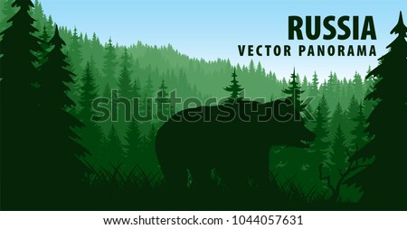 vector panorama of Russia with brown bear in woodland taiga forest