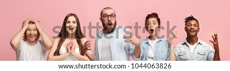 The collage of faces of surprised people on colored backgrounds. Happy men and women smiling. Human emotions, facial expression concept. collage of different human facial expressions, emotions Royalty-Free Stock Photo #1044063826