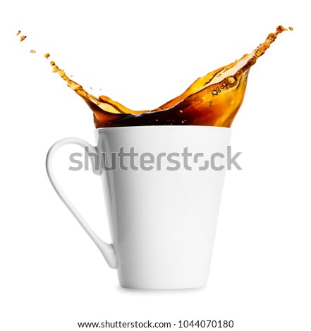mug of spilling coffee or tea isolated on white background