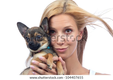 Portrait of young pretty woman hold small Chihuahua puppy dog isolated on a white background