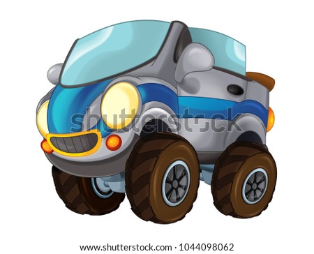 cartoon fast off road car looking like monster truck - cabriolet on white background - illustration for children